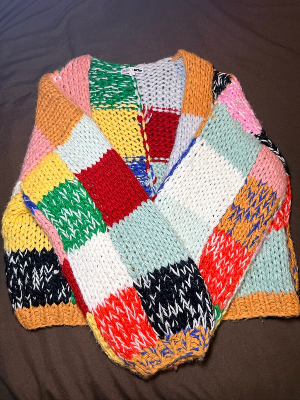 Fashion Nova Colorblock Patchwork Knit Cardigan in Multicolor